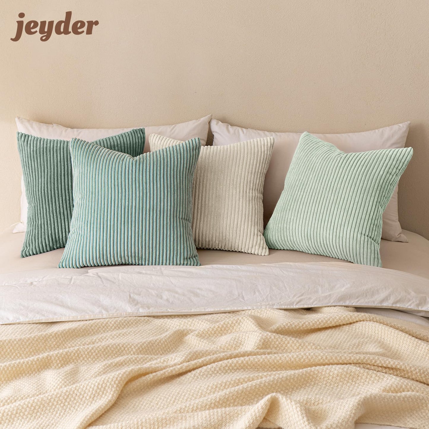 JEYDER Boho Farmhouse Sage Green Mix Throw Pillow Covers 18x18 Inch Set of 4, Striped Corduroy Decorative Pillow Cases, Soft Modern Home Decor for Couch Sofa Living Room Bedroom, All Season S9
