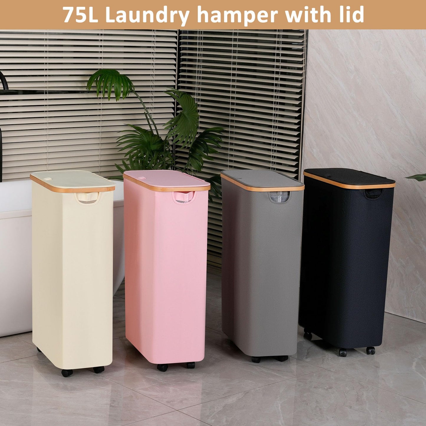 Laundry Hamper with Wheels,75L Laundry Basket with lid Rolling Clothes Basket Foldable Dirty Clothes Hamper on wheels with Bamboo Frame and Bag for Bedroom, Dorm, Laundry Room,Black(20 Gal)