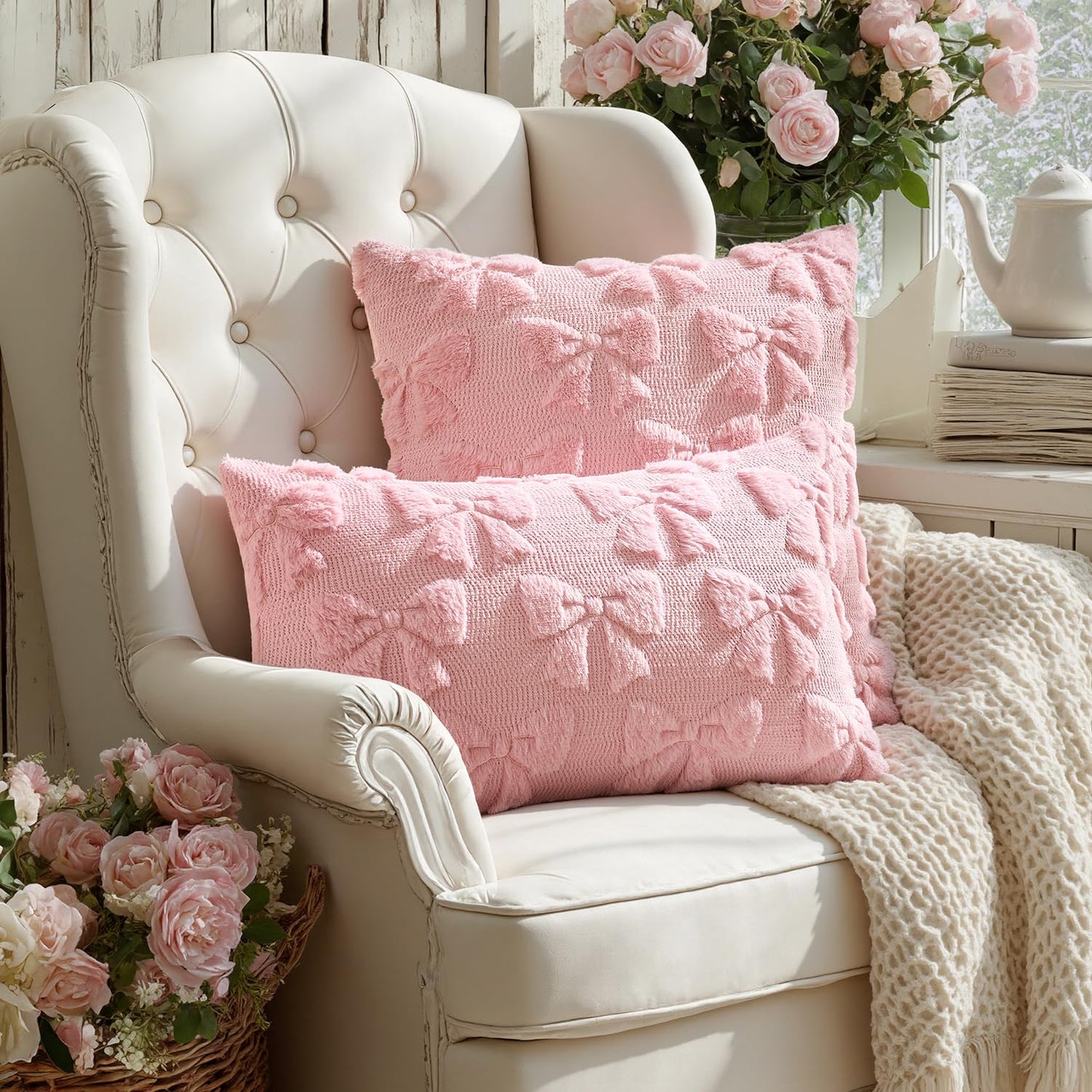 MIULEE Pink Bow Pillow Covers Coquette Room Decor Aesthetic Set of 2 Spring Decorative Cute Girl Soft Plush Faux Pillowcase for Preppy Room Decor Bedroom Couch,12x20 Inch