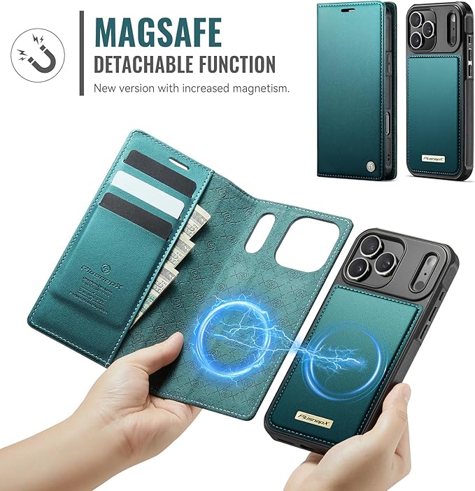 PlusnapX Wallet Case for iPhone 17 Pro Compatible with Magsafe, 2-in-1 PU Leather Flip RFID Blocking Card Holder Stand Shockproof Magnetic Detachable Cover for iPhone 17 Pro Case 6.3", Bluegreen