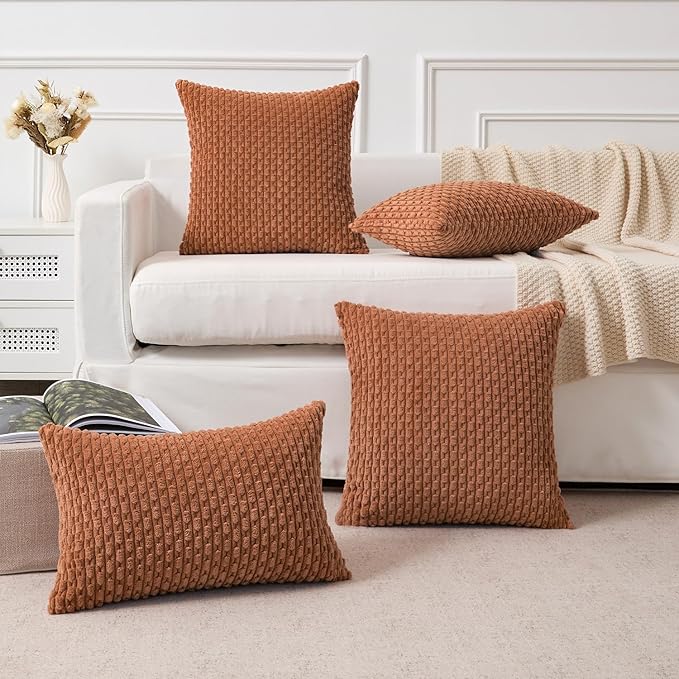 Kevin Textile Decorative Pillow Covers Set of 2 Striped Plush Corduroy Rectangle Lumbars Boho Home Decor Cushion Covers for Couch Sofa Bed Living Room 12x20 Inch, Burnt Orange