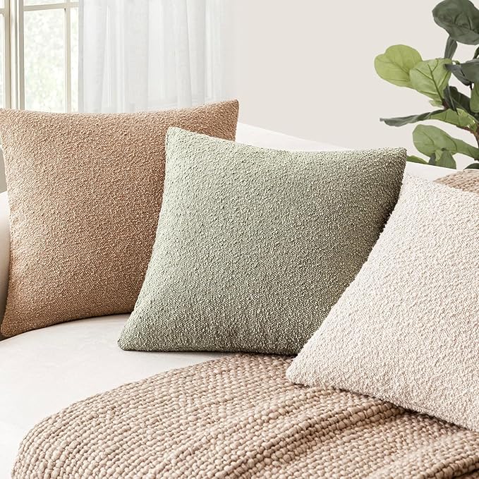 Foindtower Decorative Textured Boucle Throw Pillow Covers Accent Solid Pillow Cases Neutral Soft Cozy Couch Cushion Case for Chair Sofa Bedroom Living Room Home Decor 18x18 Inch,1PC,Dirty Sage Green