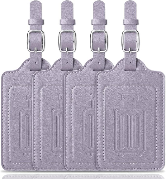 Teskyer Luggage Tags for Suitcases, TSA Approved with Privacy Protection Cover, Premium Faux Leather Bag Tags for Travel - 4 Pack, Purple