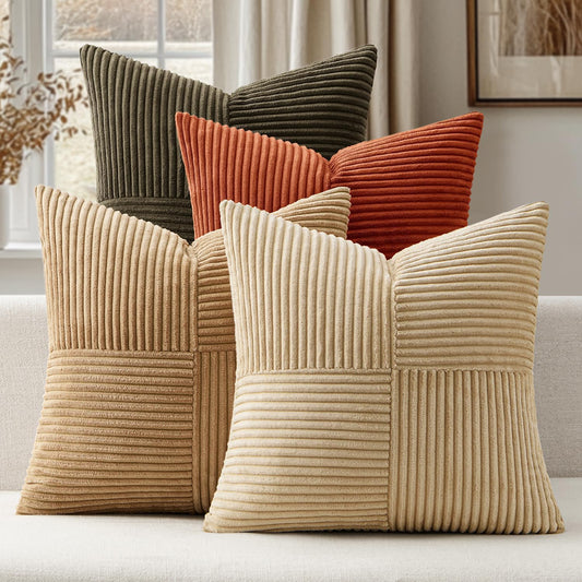 ANRODUO Pack of 4 Decorative Throw Pillows for Couch Brown Green 18x18 Inch Boho Cozy Soft Corduroy Cushion Covers Farmhouse Accent Pillowcases for Mid Century Summer Home Decor Sofa Bed Living Room