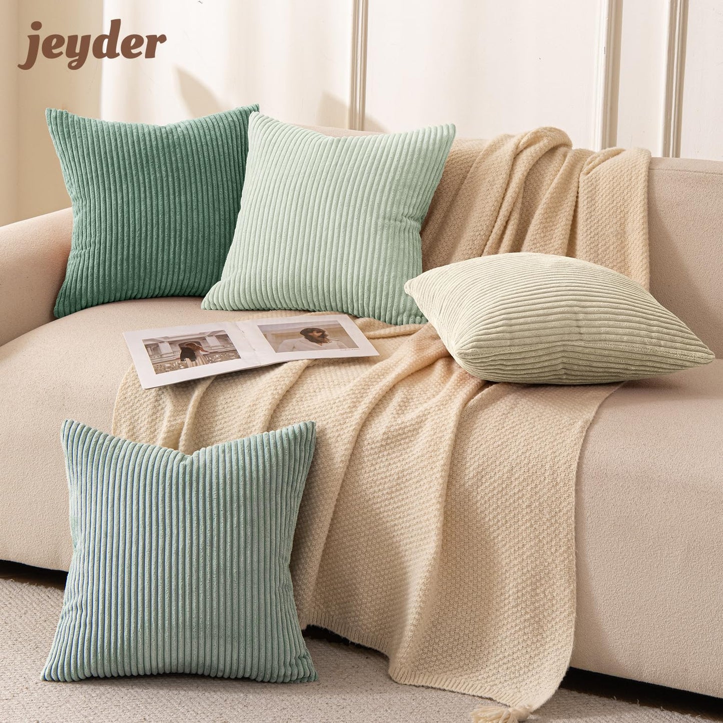 JEYDER Boho Farmhouse Sage Green Mix Throw Pillow Covers 18x18 Inch Set of 4, Striped Corduroy Decorative Pillow Cases, Soft Modern Home Decor for Couch Sofa Living Room Bedroom, All Season S9