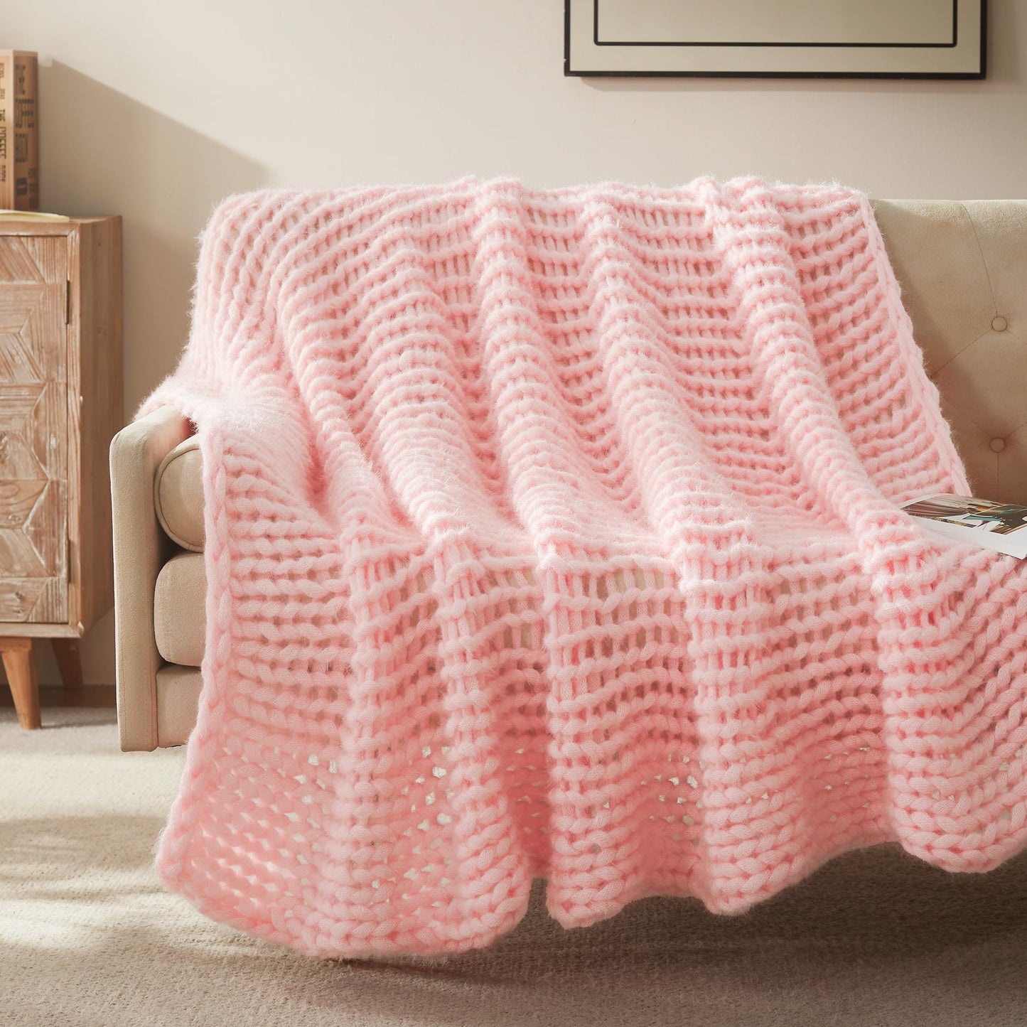 SLEEP ZONE Throw Blanket for Couch - Chunky Knit Hollow Blanket, Throw Blankets for Bed, Handmade Long Plush Cat Yarn, Soft Fluffy Knit Blankets Home Decor (Pink, 50x60in)