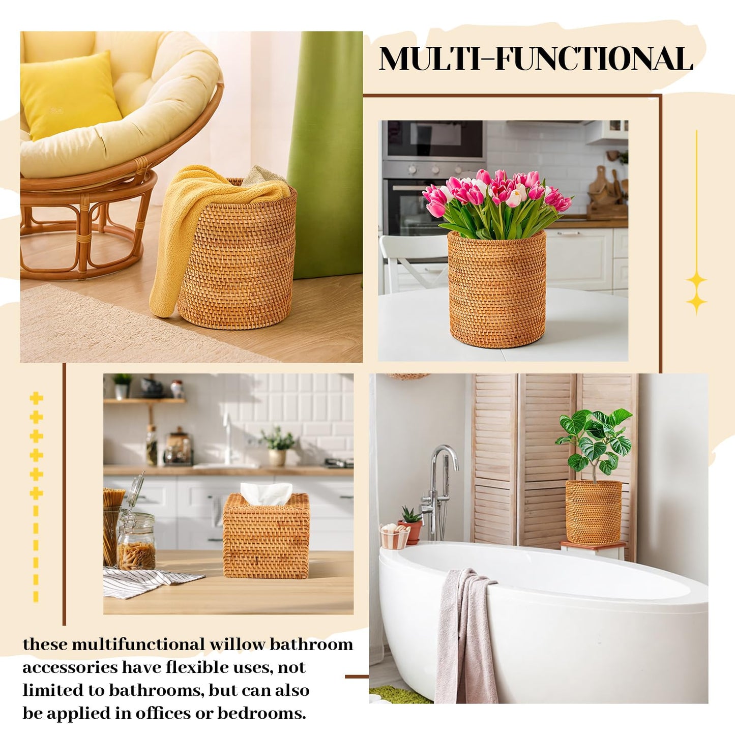 Teenyyou Log Color 2 Pcs Rattan Trash Can & Square Tissue Box Cover, Rattan Hand Woven Basket Set Wicker Bathroom Accessories for Bedroom Kitchen Office Organizer