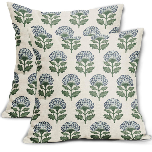 Aytipun Blue Green Floral Block Print Pillow Covers 18x18 Set of 2 Flower Pattern Cream Spring Summer Decorative Throw Pillowcases Outdoor Rustic Farmhouse Cushion Cases Decor for Home Couch Sofa Bed