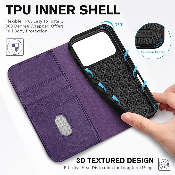 TUCCH Wallet Case for iPhone 17 Pro (6.3") 2025, 3 Credit Card Slot | RFID Blocking | Stand | PU Leather | Protective Flip Folio Cover | Shockproof TPU Interior Shell | Dark Purple
