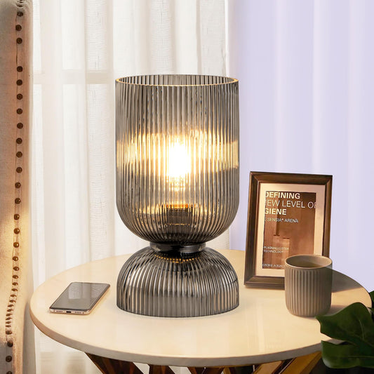 Gmrhndy Modern Table Lamp,Glass Mid Century Lamp with Smoky Gray Glass Shade, Bedside Lamp with On/Off Switch, Minimalist Nightstand Lamp for Bedroom, Living Room, Office (Bulb not Included)