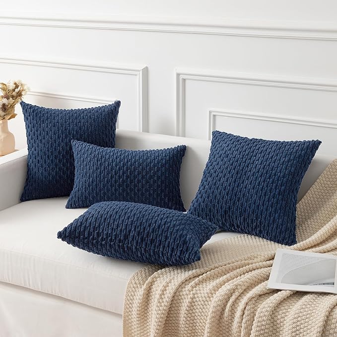 Kevin Textile Pack of 2 Corduroy Decorative Throw Pillow Covers 22x22 Inch Soft Boho Striped Pillow Covers Modern Farmhouse Home Decor for Spring Sofa Living Room Couch Bed Navy Blue