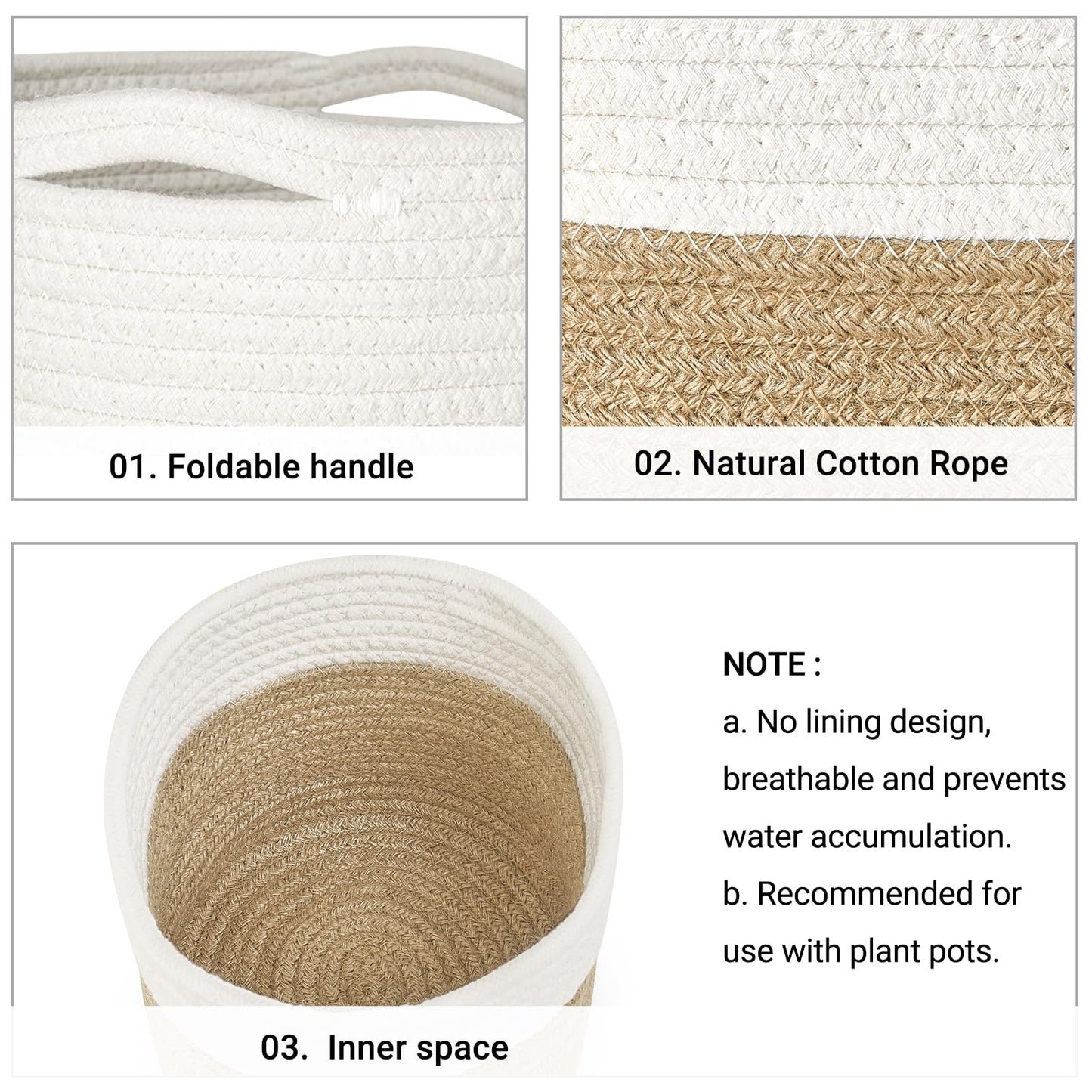 Dahey Jute Spliced Cotton Rope Plant Basket Modern Woven Storage Basket for 10.5" Floor Indoor Planter, Decorative Flower Pots Cover Laundry Bin with Handle Rustic Home Decor, White and Beige