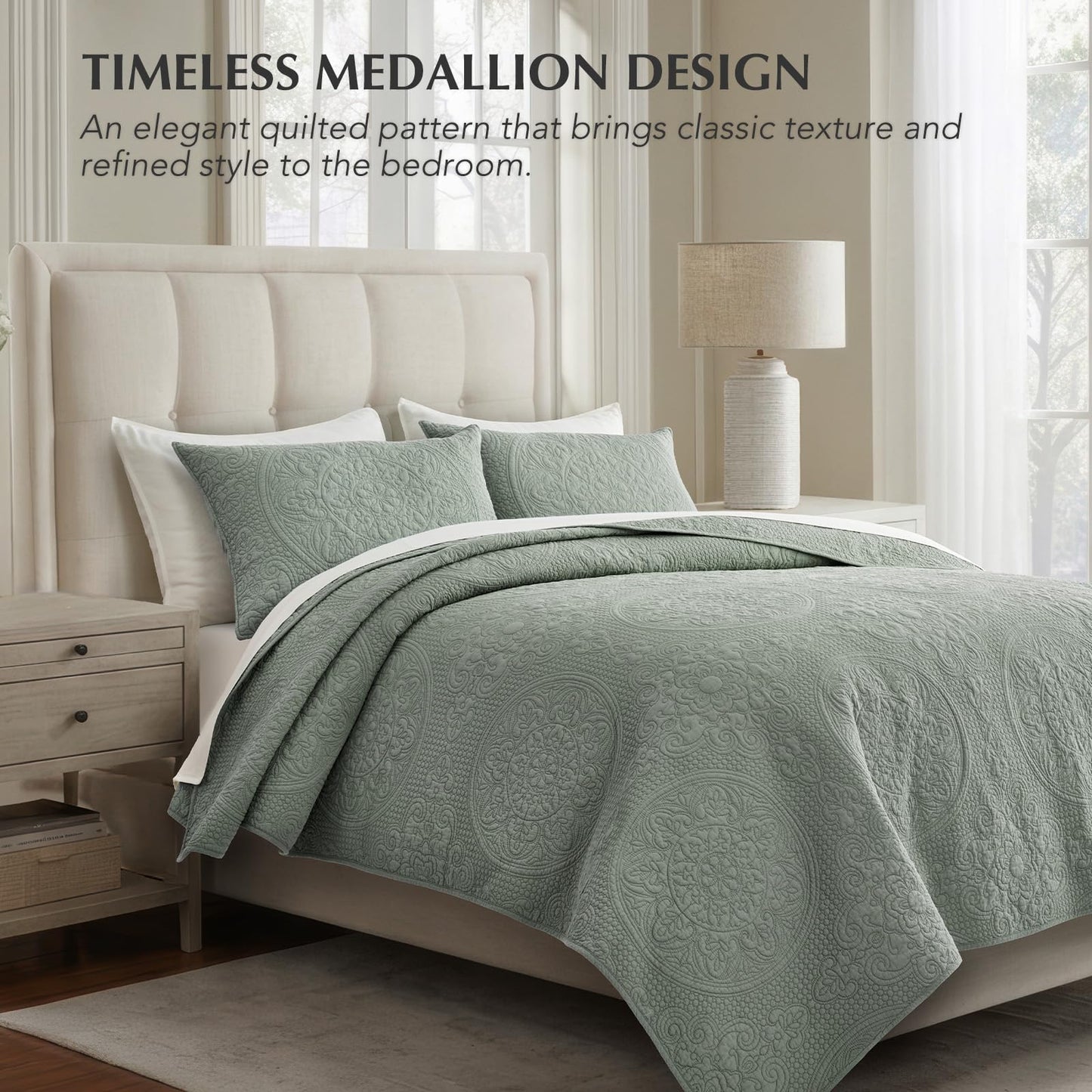 EverGrace Medallion Stitch Cotton Quilt Set King Size, 3-Piece 100% Cotton Quilted Bedspread Coverlet Bedding Set with Pillow Shams, Oversized Lightweight Soft & Breathable All-Season, Soft Sea