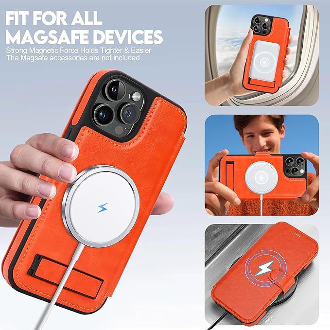 CIVICASE for iPhone 13 Pro Wallet Case with Stand,PU Leather Flip Credit Card Holder Slots (RFID Blocking),Compatible with Magsafe Magnetic Holder Phone Cover Women Men,Orange