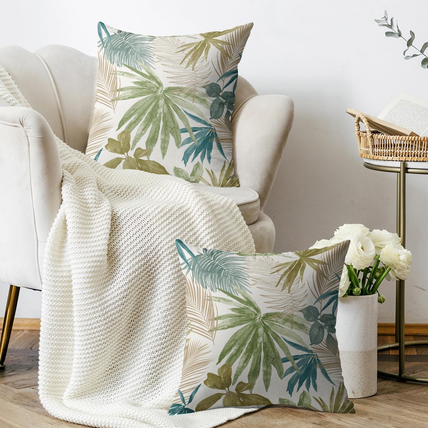 Smozenith Tropical Pillow Covers 18X18 Set of 2, Green Blue Teal Brown Palm Leaf Summer Print Decorative Throw Pillowcases Outdoor Farmhouse Seasonal Cushion Cases Couch Sofa Bed Decor