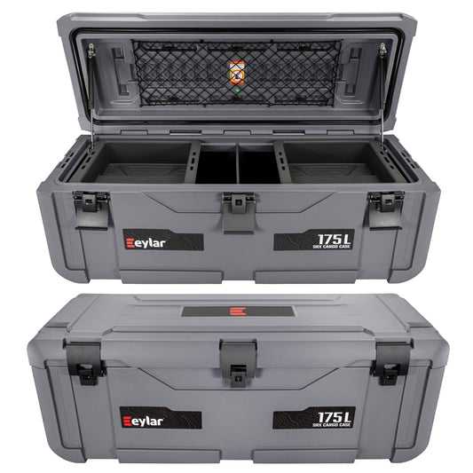 SRX-175 Overlanding Cargo Case – 175L Waterproof Storage Box for Camping, Off-Road & Truck Bed Gear – Heavy-Duty Lockable Storage with Gas Strut Lid, Stackable Design & Interior Organizer Tray (Gray)