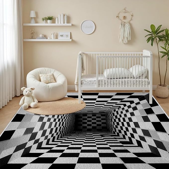 Optical Illusion Rug - Black and White Rug for Living Room, Soft Ultra Soft Faux Wool 8x10 Area Rugs Floor Mats, Non Slip&Non-Shedding Low Pile Checkered Washable Rugs, Abstract Geometric Carpet