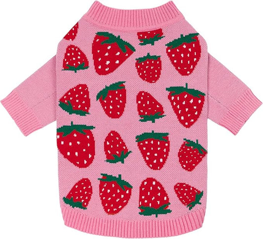 Fitwarm Adorable Strawberry Dog Sweater, Thermal Dog Winter Clothes for Small Dogs Girl, Pet Outfit, Pink, Red, White, Green, Medium