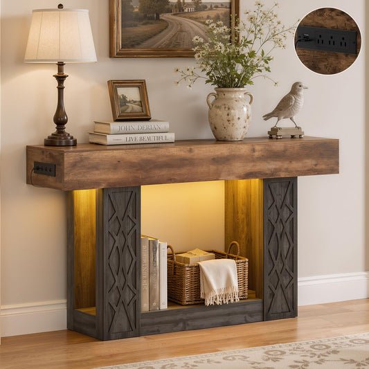 Unikito 47" Console Table with Outlets & LED Lights, Farmhouse Entryway Table with Unique Geometric Pattern, Sofa Table Behind Couch with 2-Tier Storage for Living Room, Hallway, Foyer, Grey & Brown