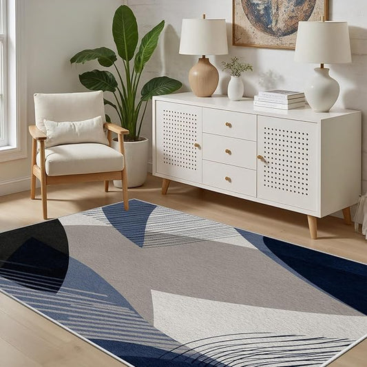 Abstract Art Line Living Room Area Rugs 8x10, Modern Boho Geometric Print Soft Rug, Minimalist Washable Non Slip Neutral Carpet for Bedroom, Dining Room Office Playroom, Navy Blue Gray
