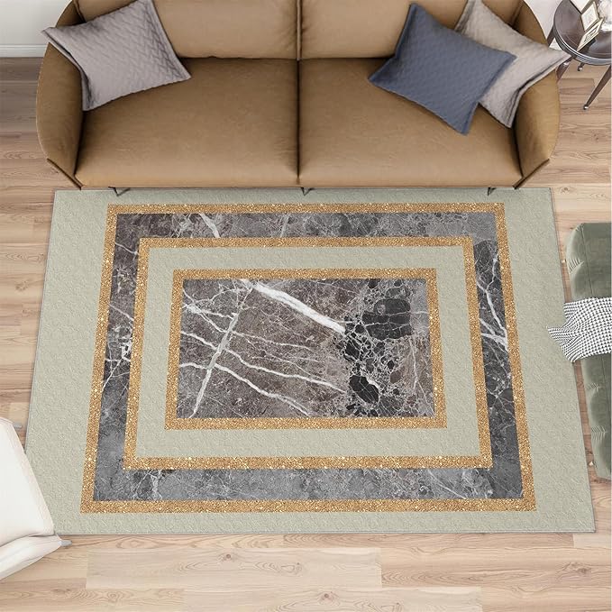 Light Luxury Marble Area Rugs Gilded Stripe Geometry Area Carpet Abstract Marble Texture Rug Stone Crack Carpet for Living Room Study Bedroom 3x5ft