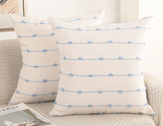 NUYECY Set of 2 Boho Throw Pillow Covers 16x16,Light Blue and White Neutral Couch Pillow Case with Tassel Fringe Decorative,Modern Accent Farmhouse Cushion Covers for Sofa Couch Bed Living Room