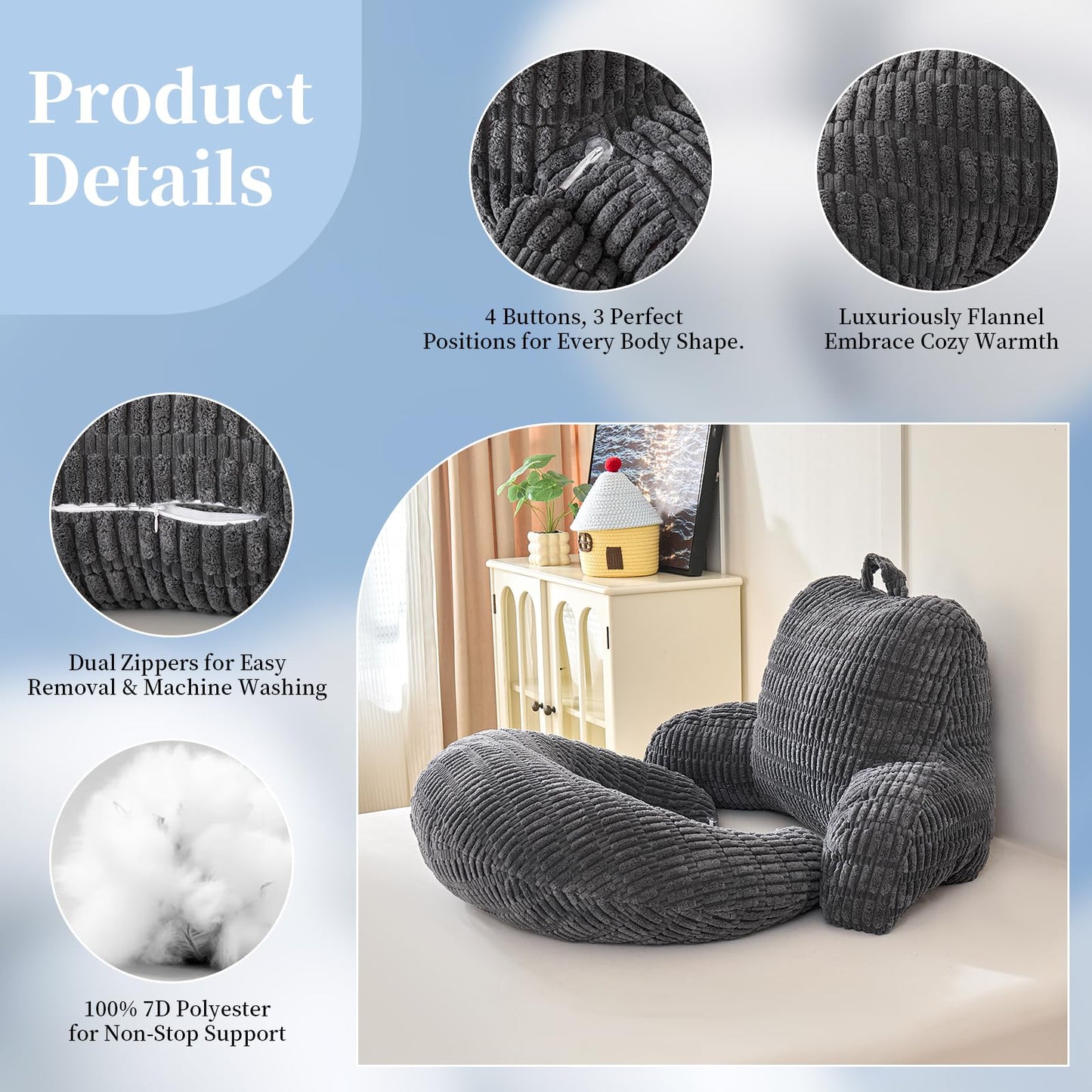 PAJEO Reading Pillow for Bed 17",Durable Striped Corduroy U Shaped Backrest with Arm Support,Ergonomic Gaming Cushion for Students,Small Bedroom Lounging,Medium - Gray