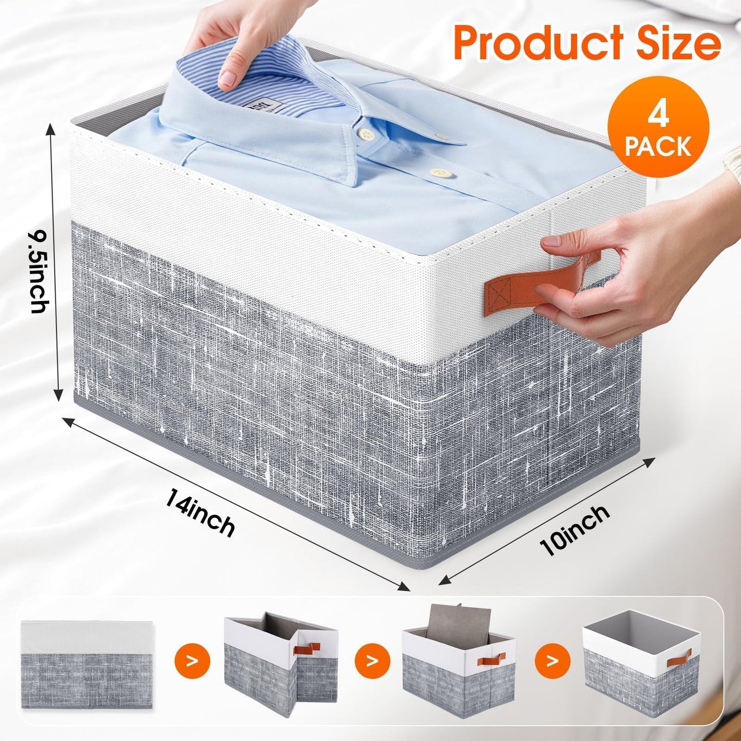 Fab totes Collapsible Storage Baskets for Shelves,14"x10", 4 Pack Foldable Fabric Storage Bins with Double Leather Handles, Large Baskets for Organizing Books, Clothes, White & Grey