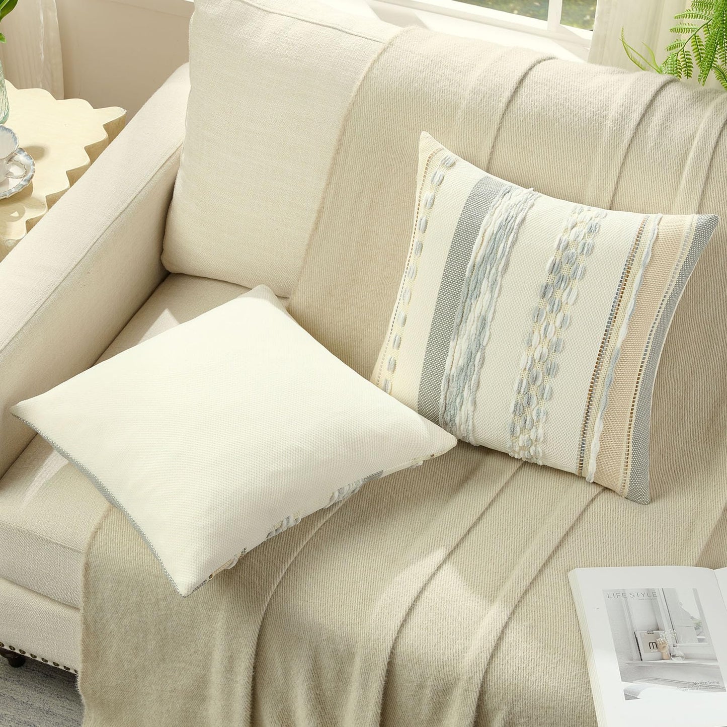 FUTEI Pack of 2 Boho Chenille Decorative Throw Pillow Covers 18x18 Inch Soft Tufted Striped Textured Cushion Case,Farmhouse Accent for Couch Bed Living Room, Grey Blue White