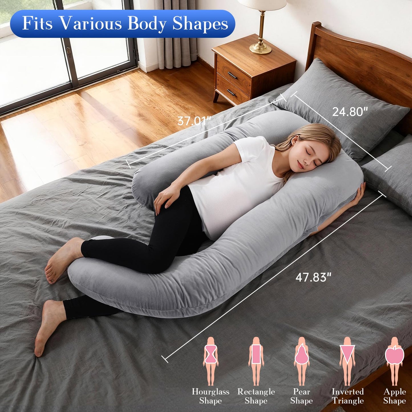 Pregnancy Pillows for Sleeping, U Shaped Full Body Maternity Pillow with Removable Velvet Cover - Support for Back, Legs, Belly, Hips for Pregnant Women, 57 Inch Pregnancy Pillow for Women, Grey