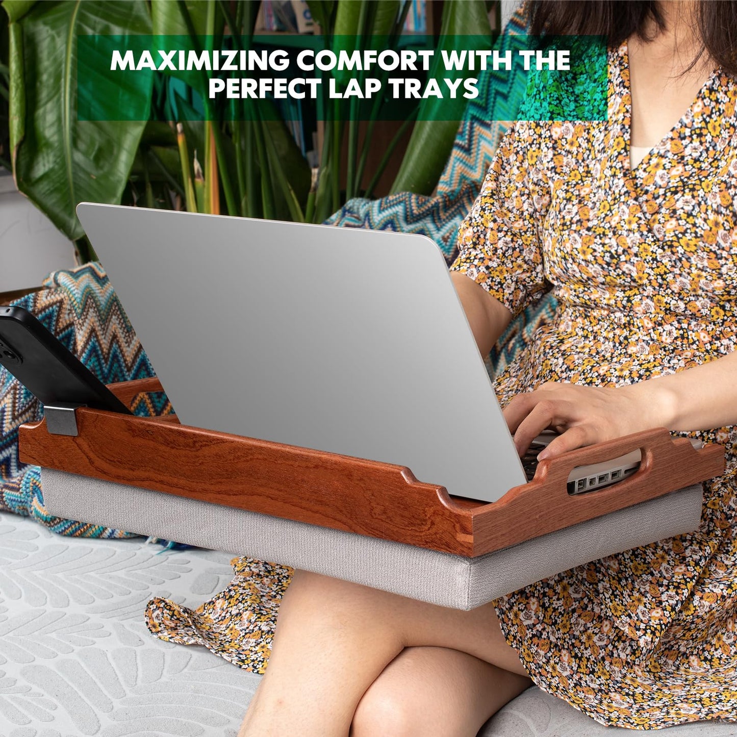 DRELIFAM Lap Desk with Cushion,Wooden Bed Tray Table for Eating,Lap Tray in Recliner,Breakfast Tray,TV Dinner Bed Food Trays (2 Sapele Wood with 1 Basket)