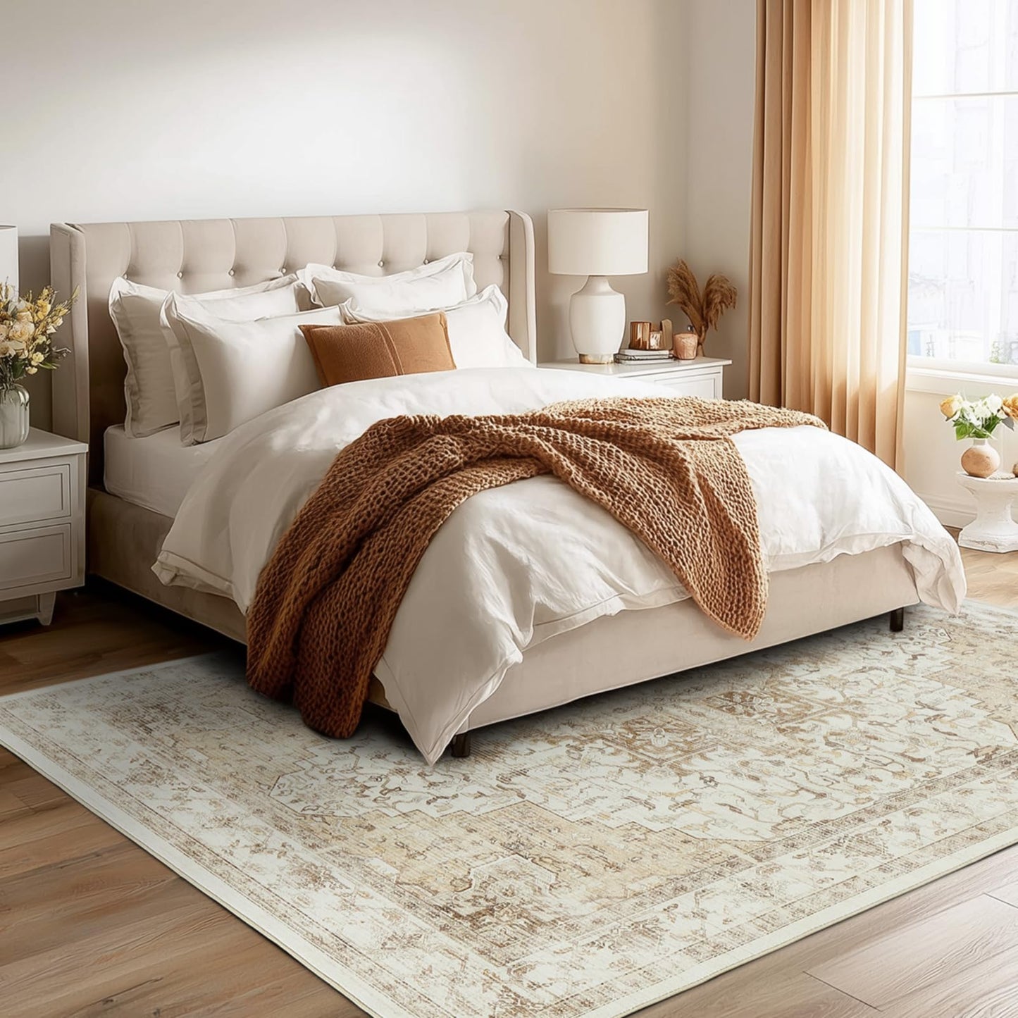 5x7 Area Rug, Vintage Distressed Medallion Pattern Beige Rug, Non-Slip Low-Pile Soft Carpet for Living Room, Bedroom, Kitchen, Home Office, Foldable & Machine Washable Rugs