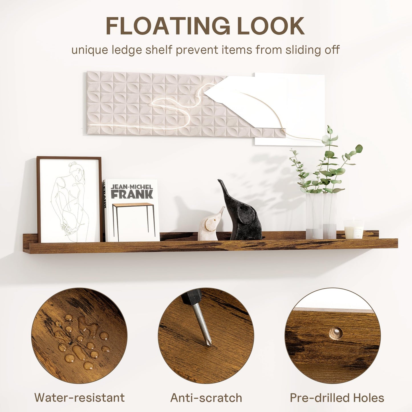 Fun Memories Picture Ledge Shelf - 24 Inches Floating Shelves Set of 4 - Nursery Bookshelves for Storage - Wood Bookshelf Wall Mounted for Bedroom - Living Room - Kitchen - Rustic Brown
