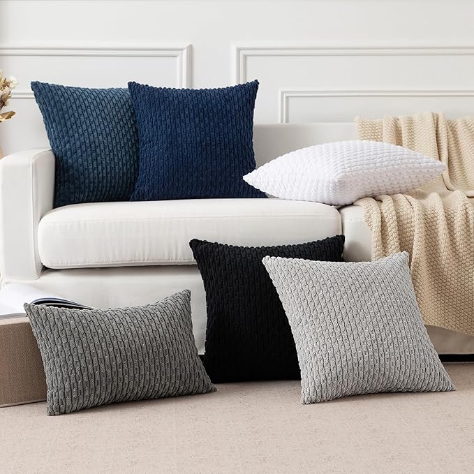 Kevin Textile Pack of 2 Corduroy Decorative Throw Pillow Covers 22x22 Inch Soft Boho Striped Pillow Covers Modern Farmhouse Home Decor for Spring Sofa Living Room Couch Bed Navy Blue