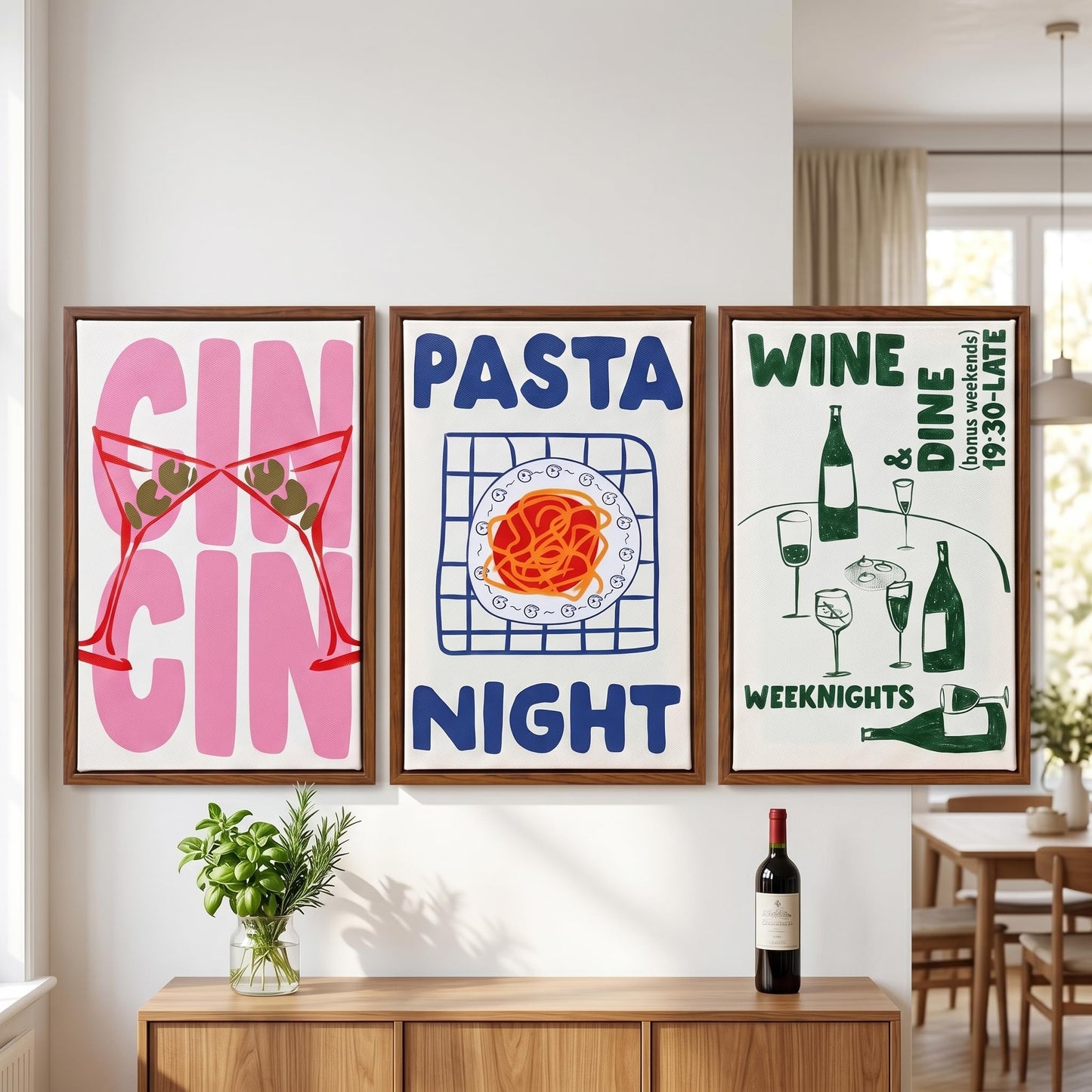 LAKELUUYAA Canvas Wall Art Minimalist Line Art Kitchen Wall Decor Set of 3, Pasta Canvas Prints, Mid Century Modern Dining Room Wall Art, Framed Pasta Poster for Bar Cafe (12"x16")