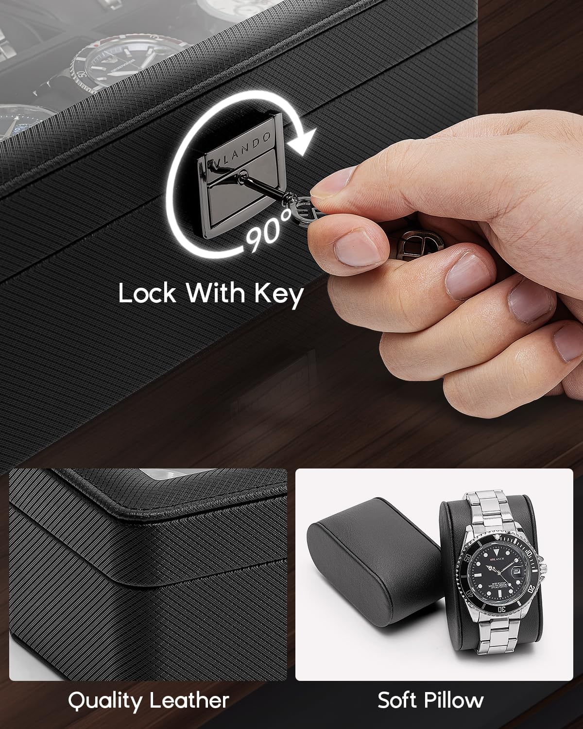 VLANDO 6-Slot Watch Case for Men, Watch Box with Glass Lid, Lockable Watch Holder, Business Textured Leather Organizer Display Case, Soft Pillow, Gifts for Fathers, Dad, Husband, Valentines - Black