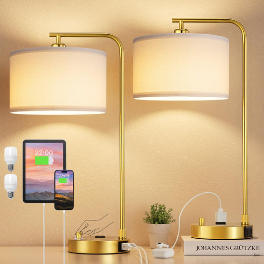 Innqoo Bedside Table Lamps for Bedroom Set of 2-Dimmable Nightstand Lamps with USB Port and Outlet,Modern Gold Lamps with Linen Shade,Tall Desk Lamps for Home Office Bedroom Living Room End Table