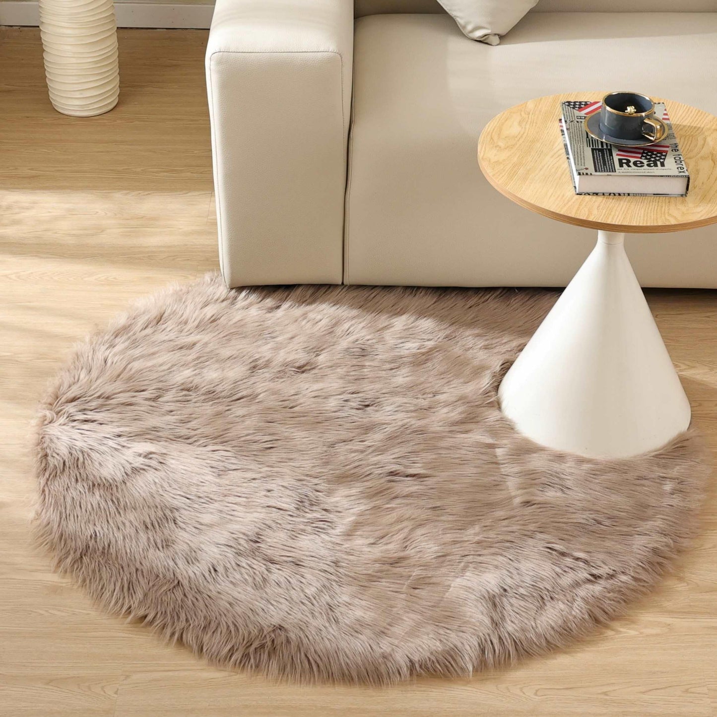 Goolela Beige Round Rug 4ft Fluffy Sheepskin Faux Fur Rug for Bedroom Bedside Living Room Fuzzy Furry Circle Carpet