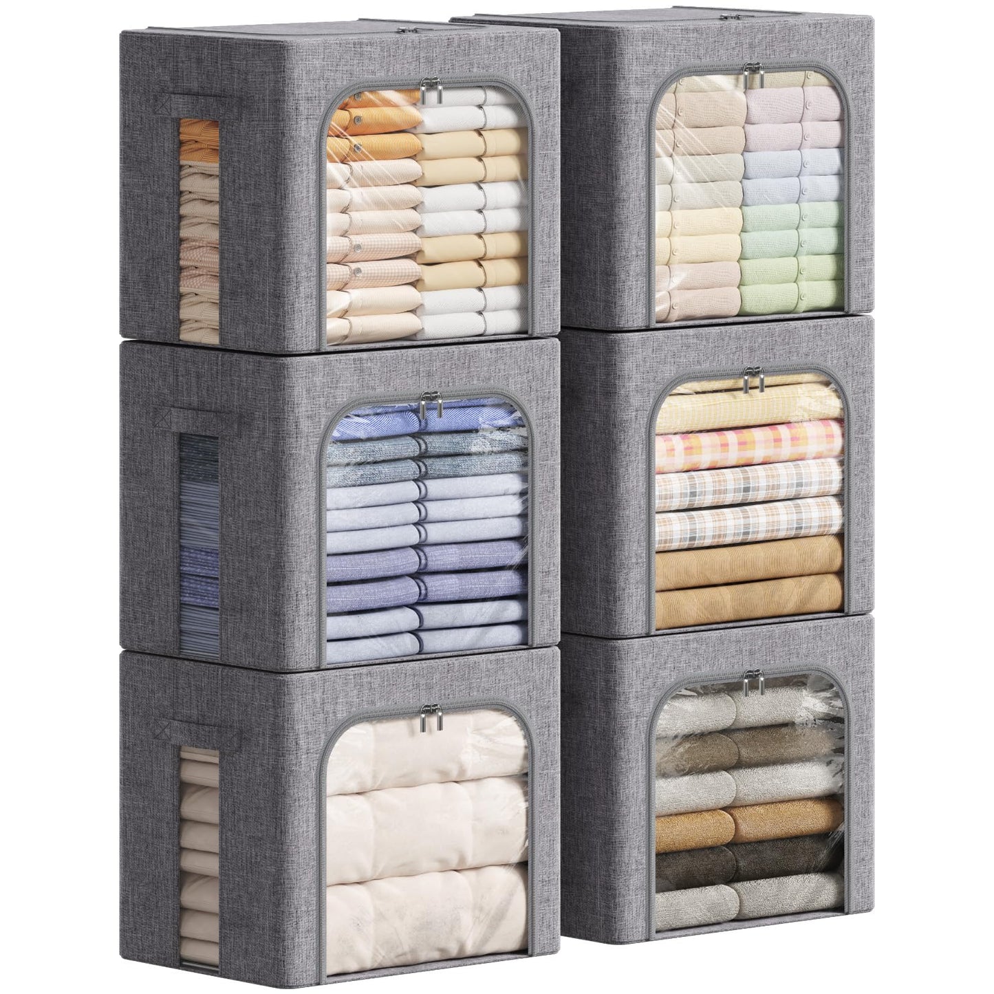 Lifewit Clothes Storage Bins with Metal Frame, Stackable Storage Box, Foldable Clothing Storage Bins with Lids, 40L Storage Bags Fabric Box Organizer with Clear Window＆ Zippers＆ Sturdy Handles 6 Pack