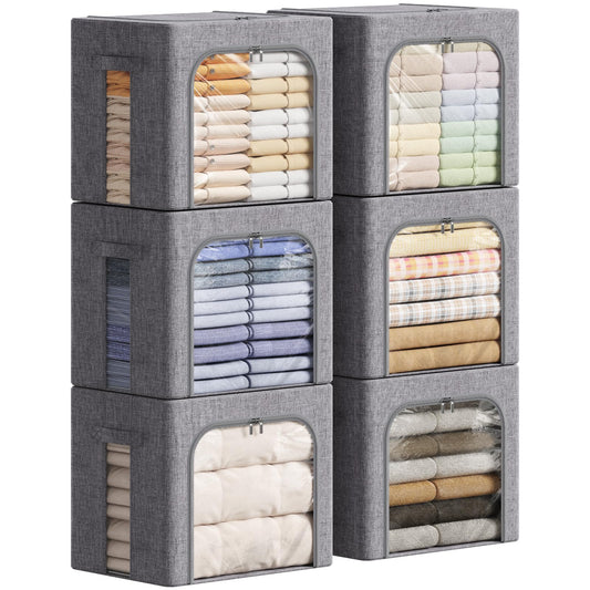 Lifewit Clothes Storage Bins with Metal Frame, Stackable Storage Box, Foldable Clothing Storage Bins with Lids, 40L Storage Bags Fabric Box Organizer with Clear Window＆ Zippers＆ Sturdy Handles 6 Pack