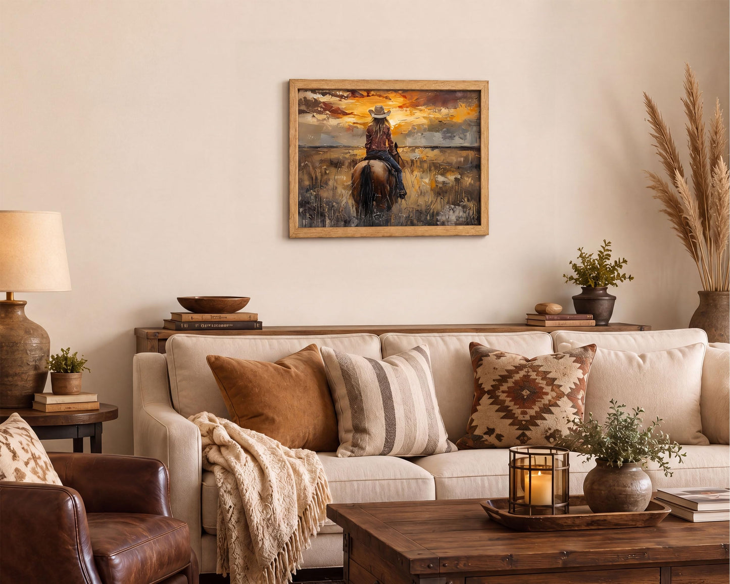 Brown Solid Wood Frame Cowgirl Riding Horse Canvas Wall Art 8x10in