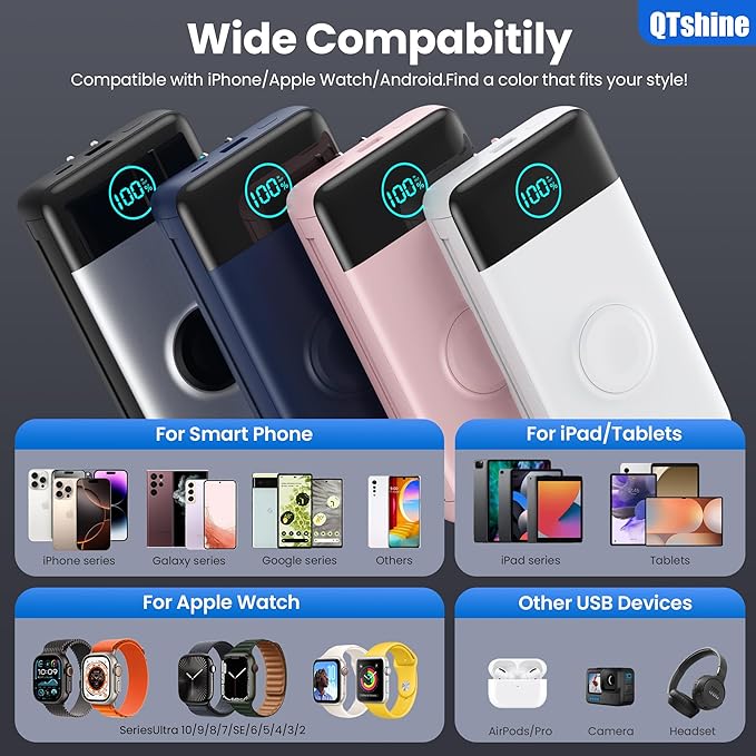 Portable Charger for iPhone, 40800mAh Power Bank with Built-in Cables & AC Wall Plug, All in One 5 Outputs USB C Fast Charging External Battery Pack for iPhone 17/16/15/14, Android, Travel Essential