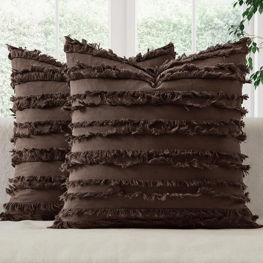 MIULEE Decorative Boho Throw Pillow Covers Set of 2 Dark Brown Chocolate Modern Linen Striped Jacquard Pattern Farmhouse Neutral Cushion Covers for Sofa Couch Living Room Bedroom 20x20 Inch Home Decor