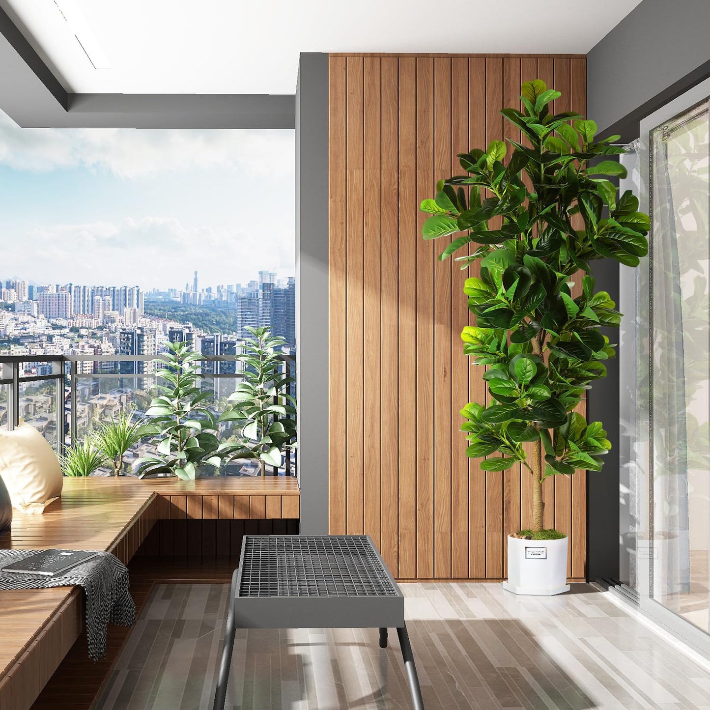 OXLLXO 7.3ft Artificial Fiddle Leaf Fig Tree (87in) with Plastic Nursery Pot Faux Tree, Ficus Lyrata Fake Plant for Office House Farmhouse Living Room Home Decor (Indoor/Outdoor)