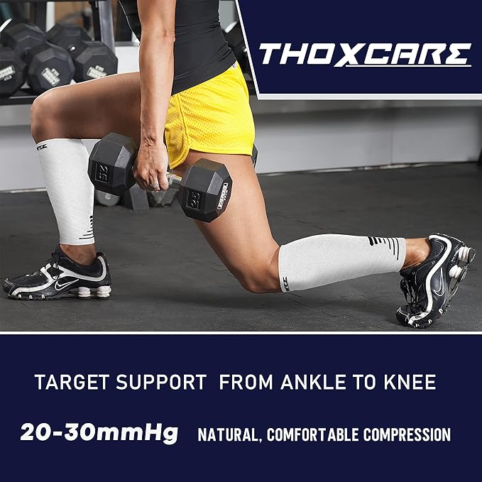 Thoxcare Calf Compression Sleeve for Men Women (1 Pair), Leg Support Footless Compression Socks for Running - Shin Splint Varicose Veins Swelling & Pain Relief, White/Black, Small