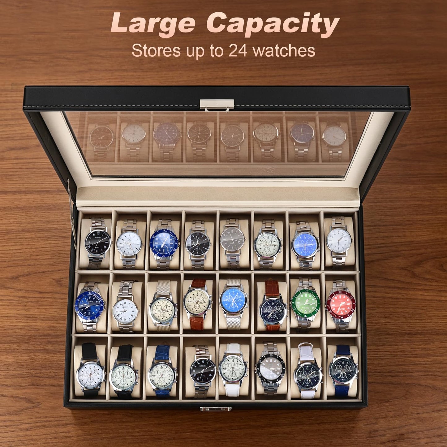 Artilife 24 Slot Watch Box for Men, Watch Cases for Men, Watch Display Case, Glass Top PU Leather Watch Storage Organizer with Removable Pillows for Him