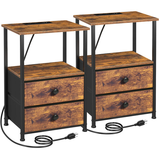 LOAKEKEL Nightstands Set of 2, Night Stand with Charging Station, End Tables with Storage Shelf for Small Spaces, Bedside Table with 2 Fabric Drawers for Bedroom, Rustic Brown, HETS020PBR