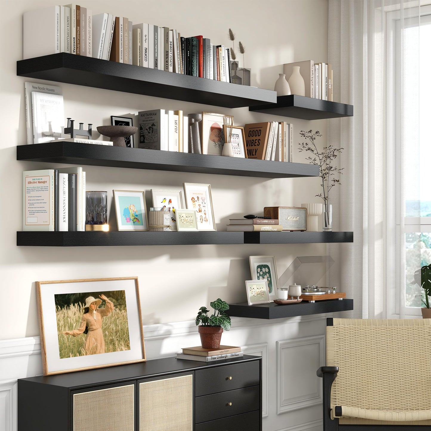 FLYJOE 30 Inch Floating Shelves | 12 Inch Deep Black Floating Shelves Set of 2 | 30" W x 12" D Rustic Wood Shelves for Wall | Deep Black Shelves for Living Room Bathroom Laundry Room Kitchen