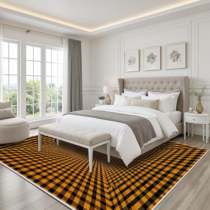 3D Rugs Optical Illusion - Plaid Rug 5x8, Geometric Stripes Soft Neutral Indoor Floor Mats Carpet, Non-Slip Stain Resistant Modern Orange Rug for Bedroom, Living Room Rugs