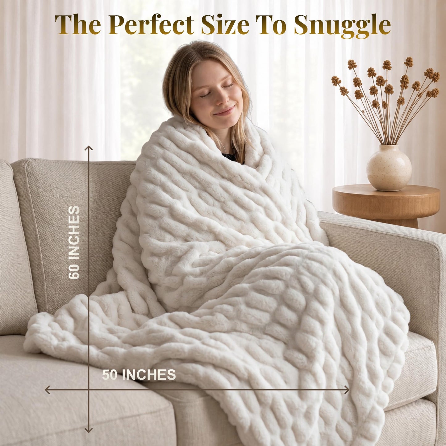 Raelee Luxury Faux Rabbit Fur Throw Blanket, Ultra Soft Double Sided Fluffy Plush Throw for Couch, Bed, Chair, Thick Warm Cozy Decorative Bubble Throw Blanket, Cream White, 50x60